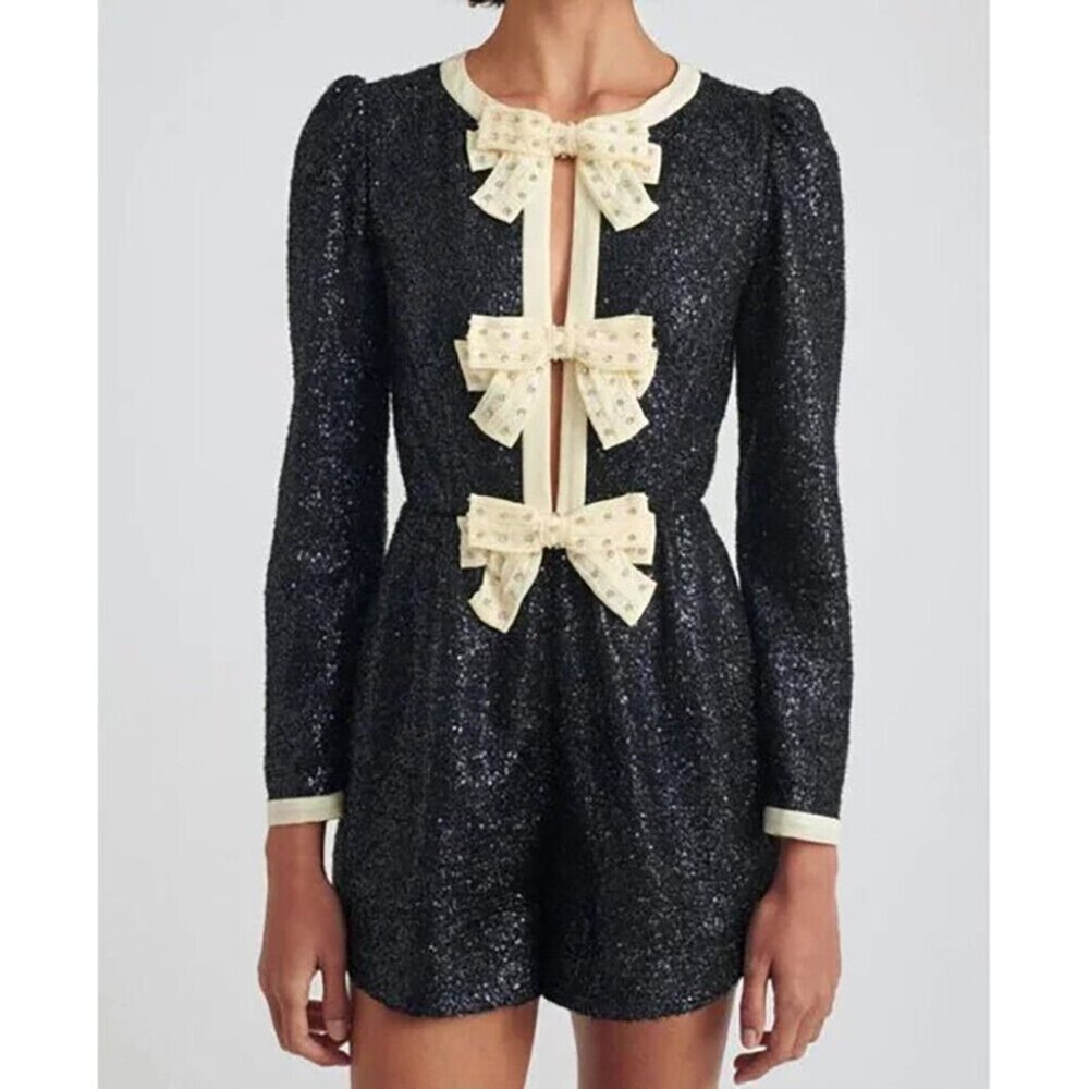 SALONI Glittering Black Jumpsuit with Cream Accents